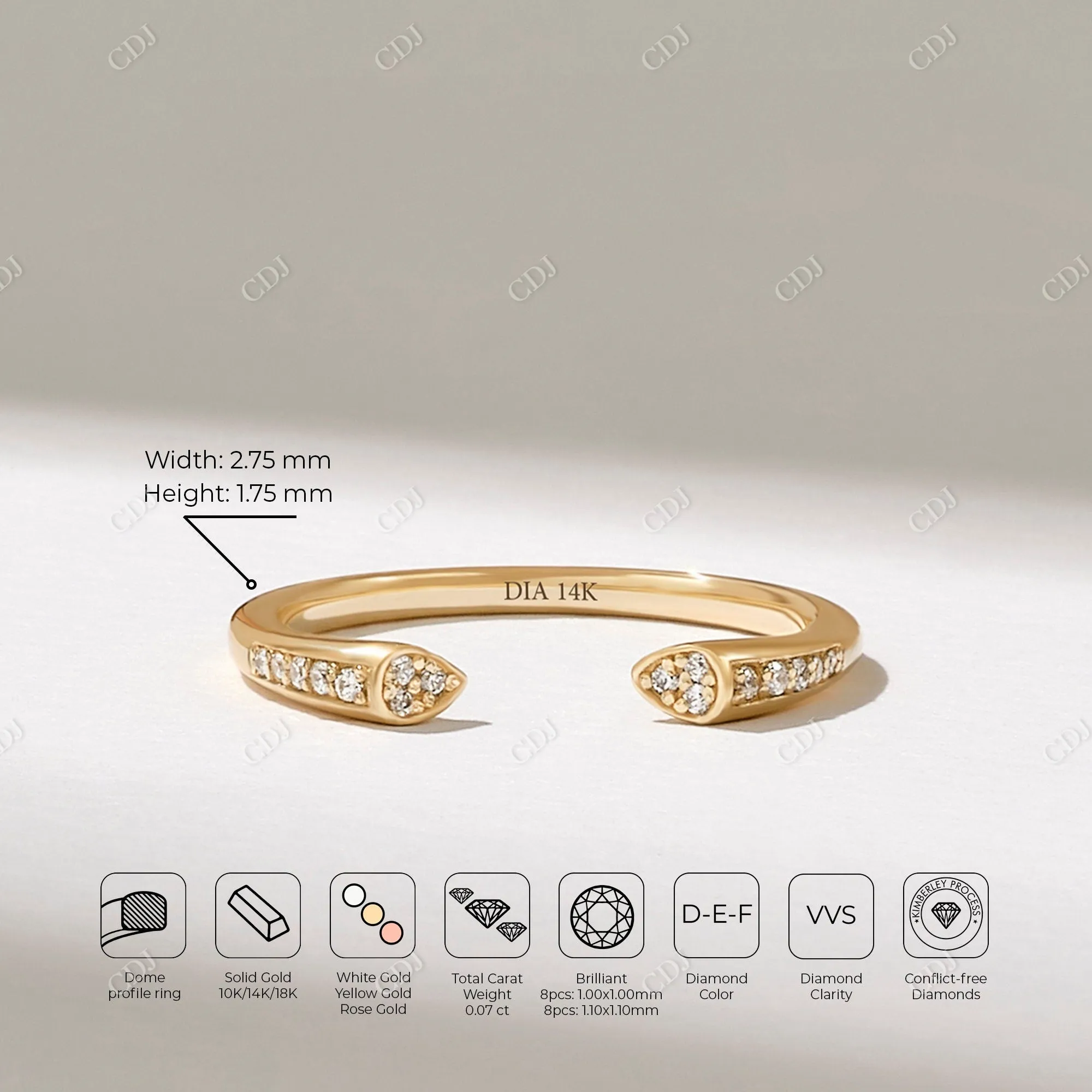 0.07CTW Round Cut CVD Diamond open Cuff Band