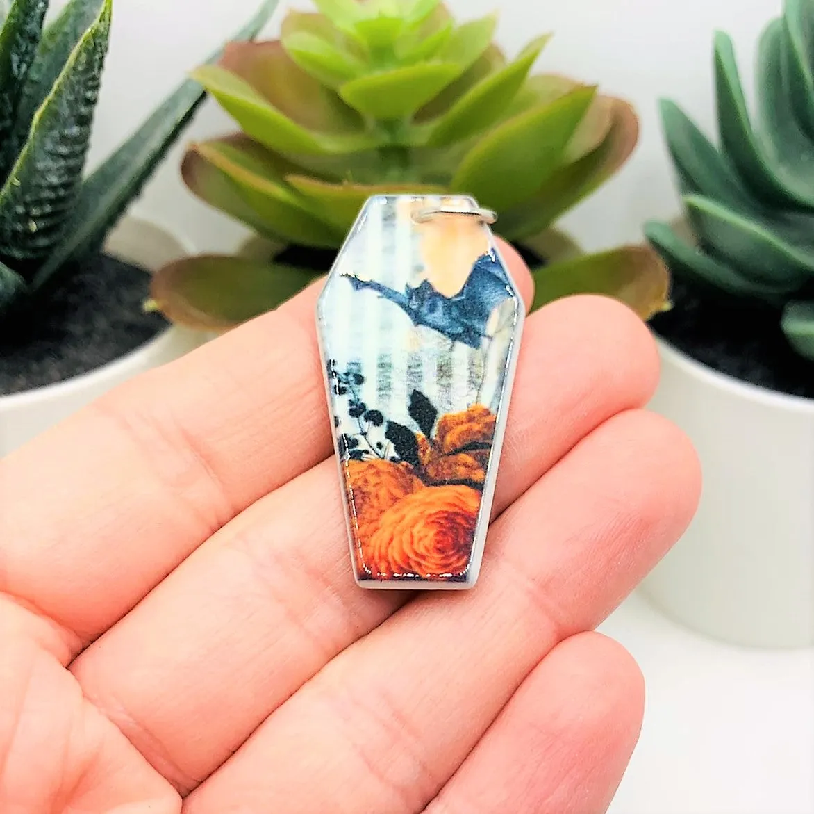 1, 4 or 20 Pieces: Fall/Autumn Coffin with Bat Charms - Double Sided