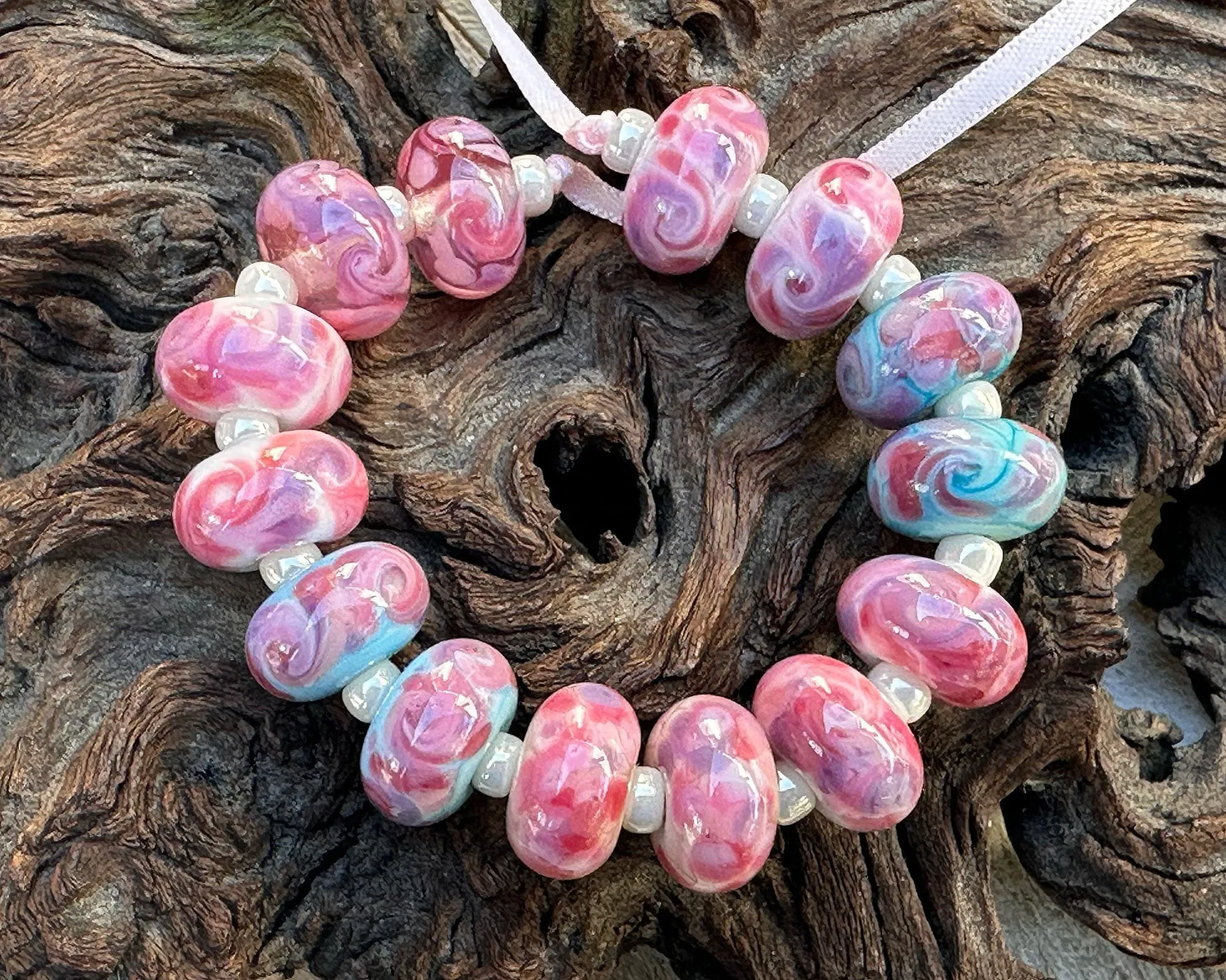 14 Pink Mosaic Twist Lampwork Beads Mix SRA