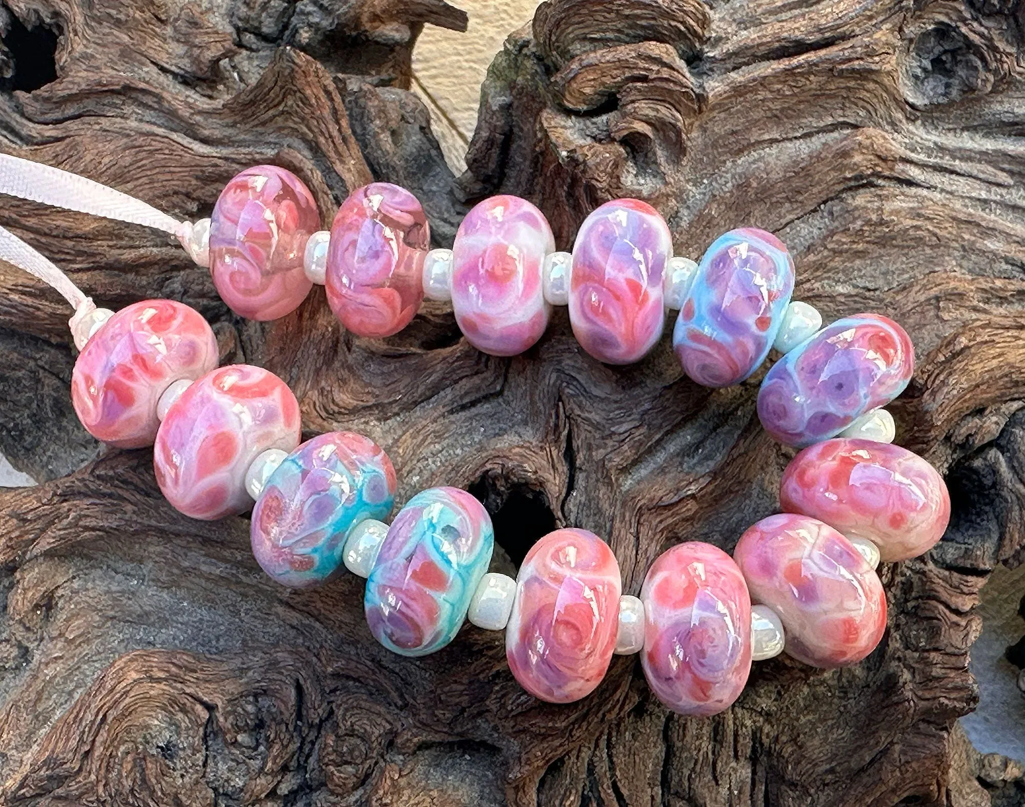14 Pink Mosaic Twist Lampwork Beads Mix SRA