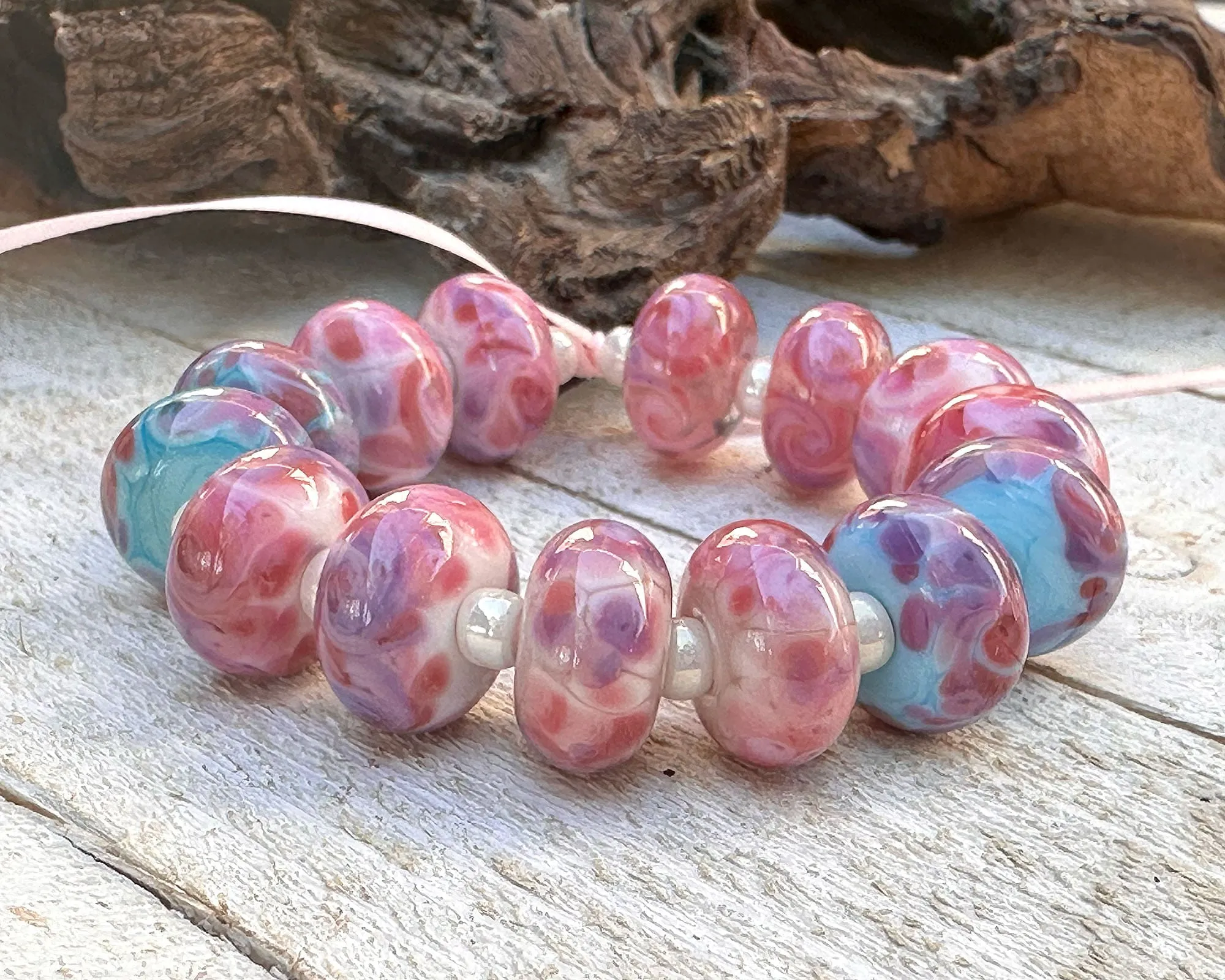 14 Pink Mosaic Twist Lampwork Beads Mix SRA