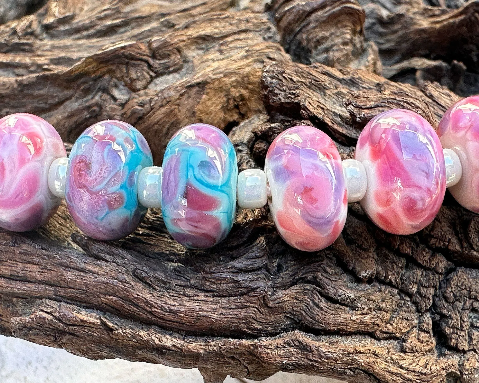 14 Pink Mosaic Twist Lampwork Beads Mix SRA
