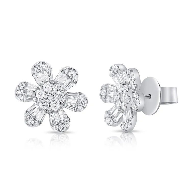 14k Gold 1.47Ct Baguette and Round Diamond Flower Earring, available in White, Rose and Yellow Gold