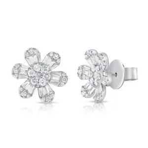 14k Gold 1.47Ct Baguette and Round Diamond Flower Earring, available in White, Rose and Yellow Gold