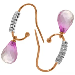 14K Solid Rose Gold Fish Hook Diamond & Pink Topaz Earrings Certified