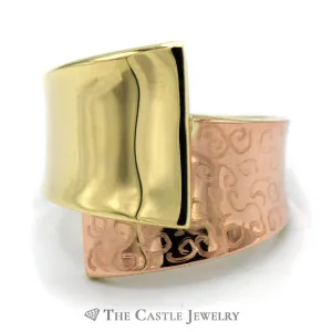 14k Yellow and Rose Two Tone Gold Tapered Bypass Wide Band with Scrolling Detail