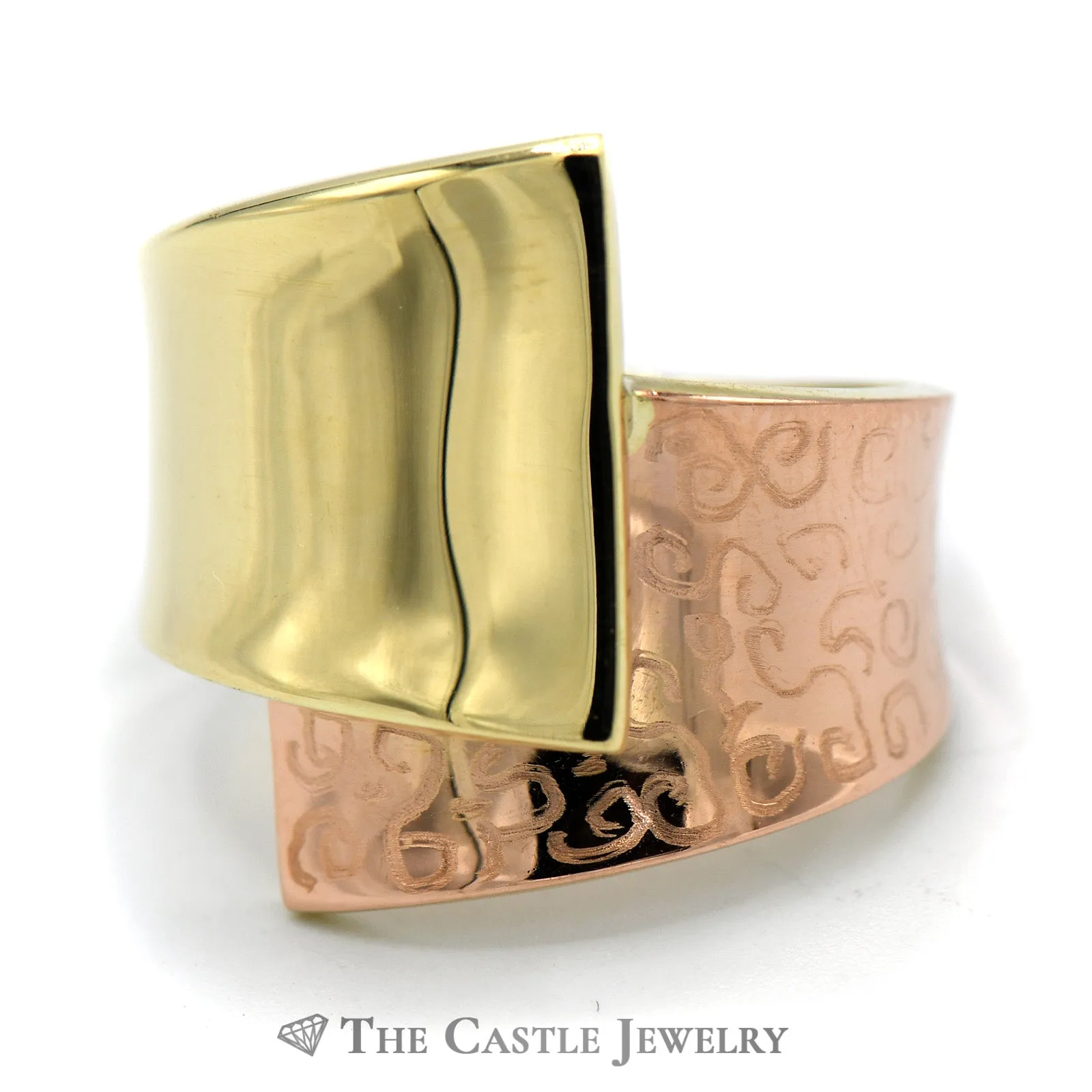 14k Yellow and Rose Two Tone Gold Tapered Bypass Wide Band with Scrolling Detail