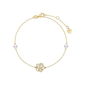 14K Yellow Gold Rose Flower Bracelet with 4MM Freshwater Pearls Luxury Adjustable Bracelet Fine Jewelry