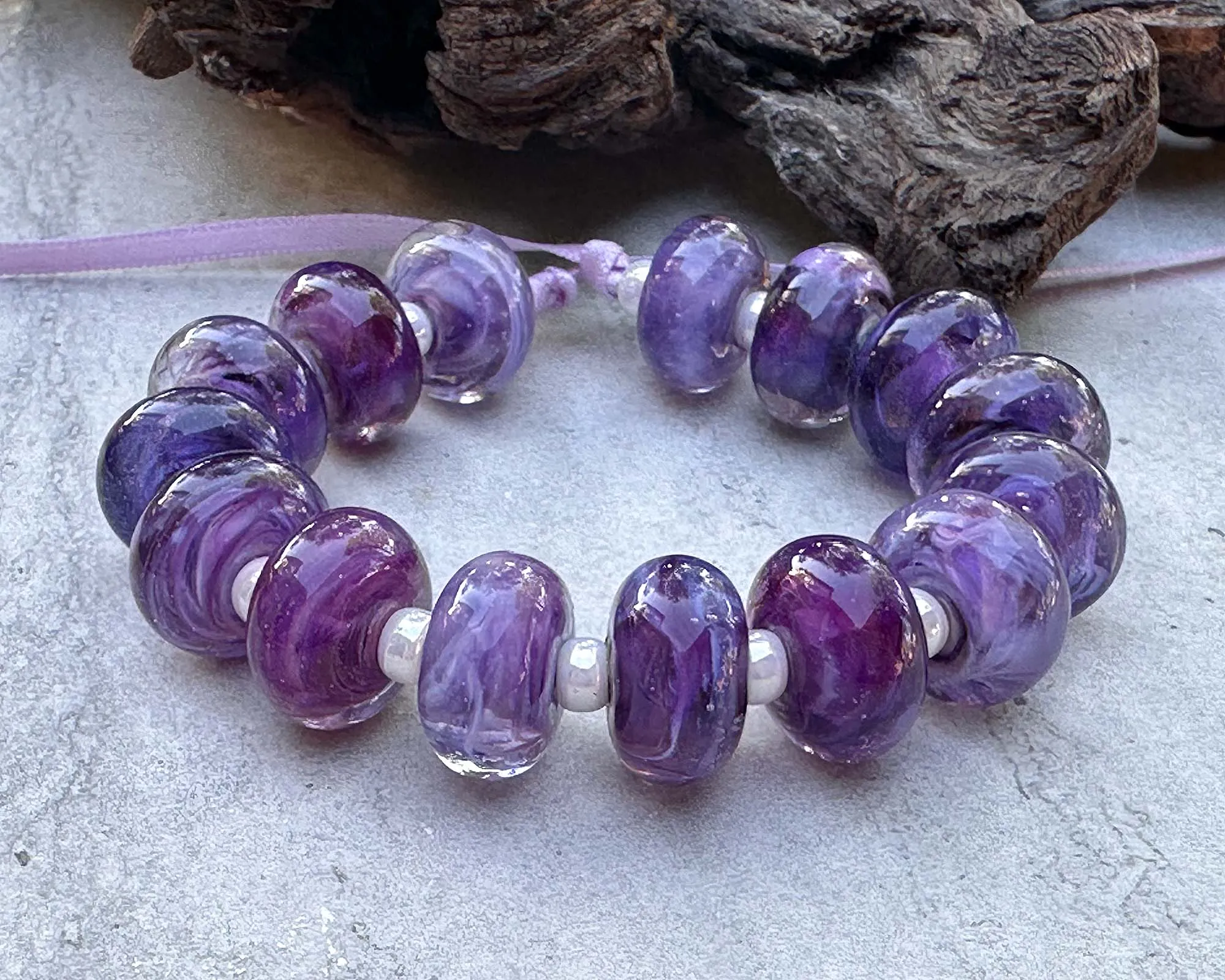 15 Purple Swirl Lampwork Beads Set SRA