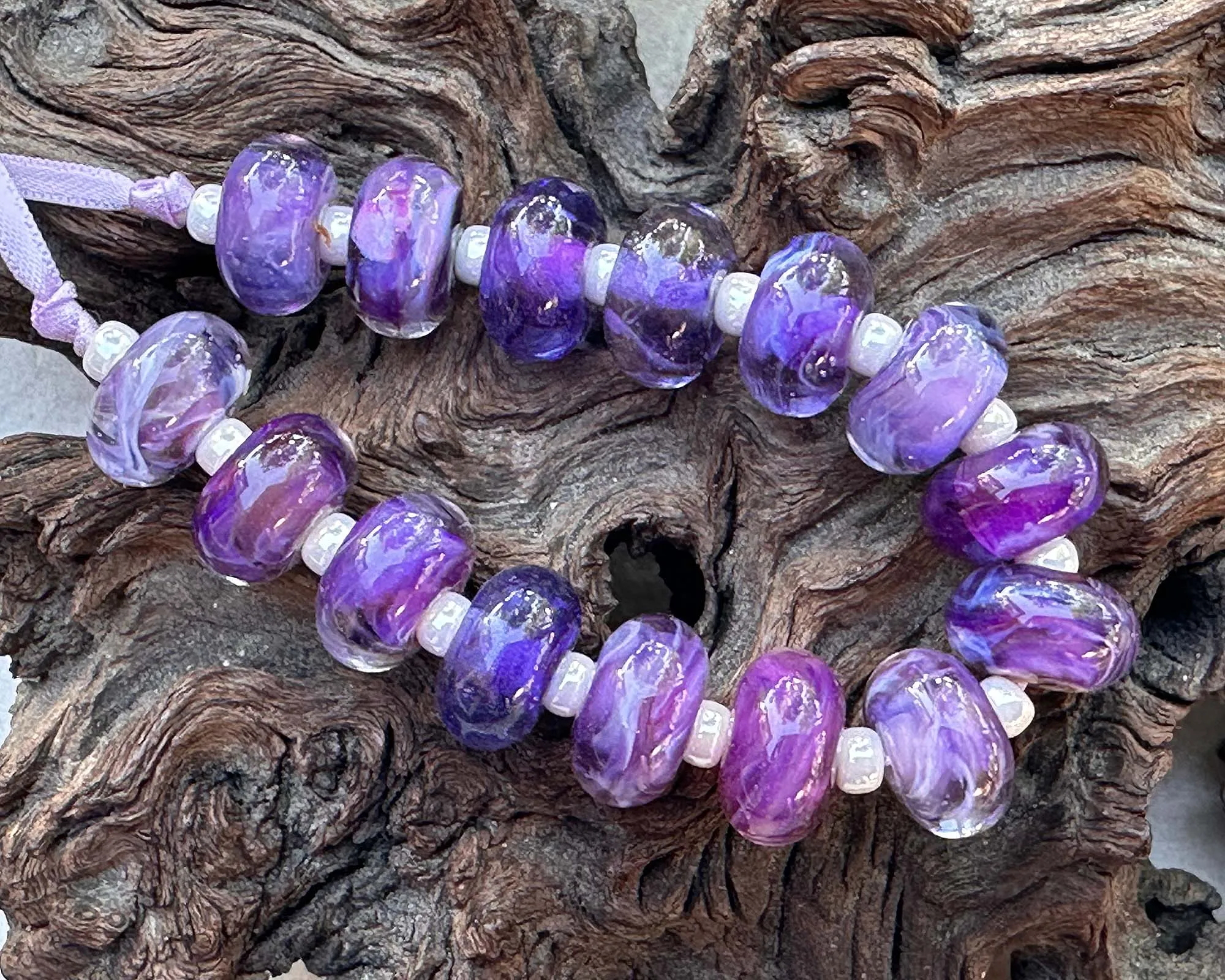 15 Purple Swirl Lampwork Beads Set SRA