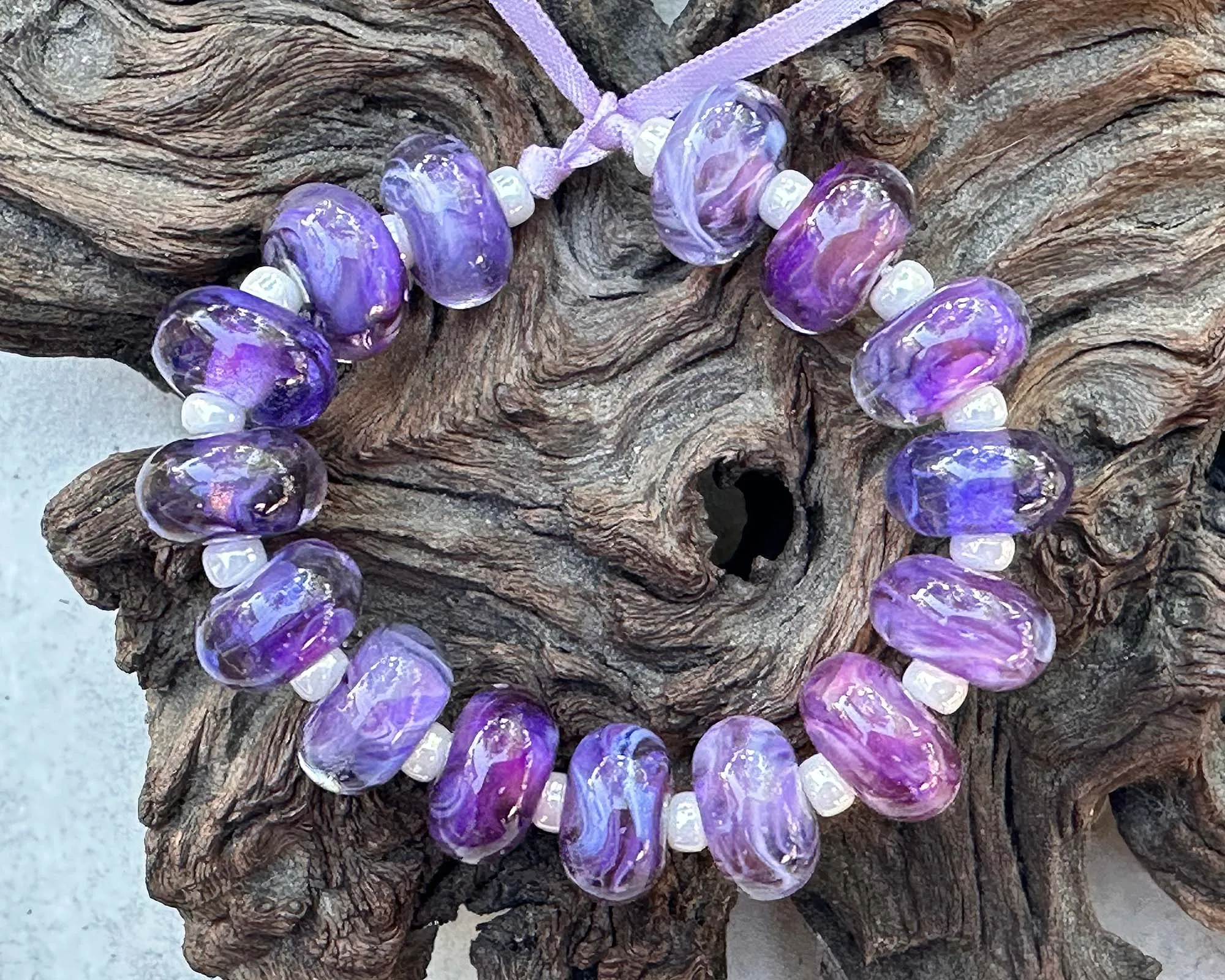15 Purple Swirl Lampwork Beads Set SRA