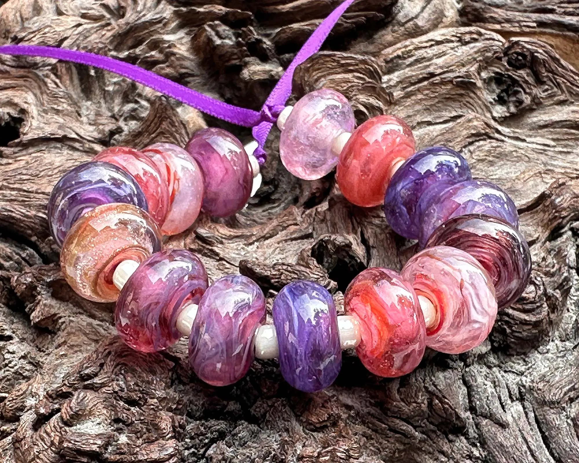16 Pink &  Purple Swirls Lampwork Beads Set SRA