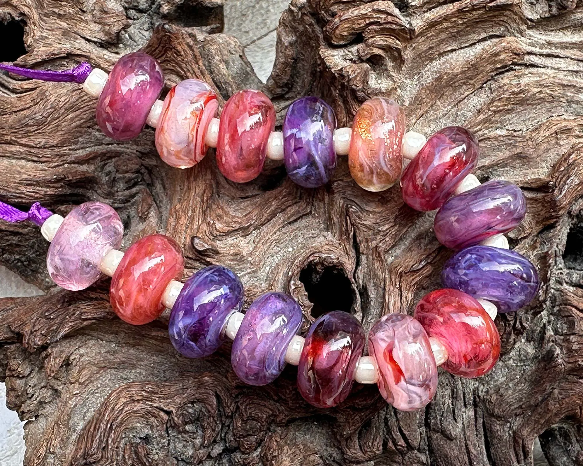 16 Pink &  Purple Swirls Lampwork Beads Set SRA