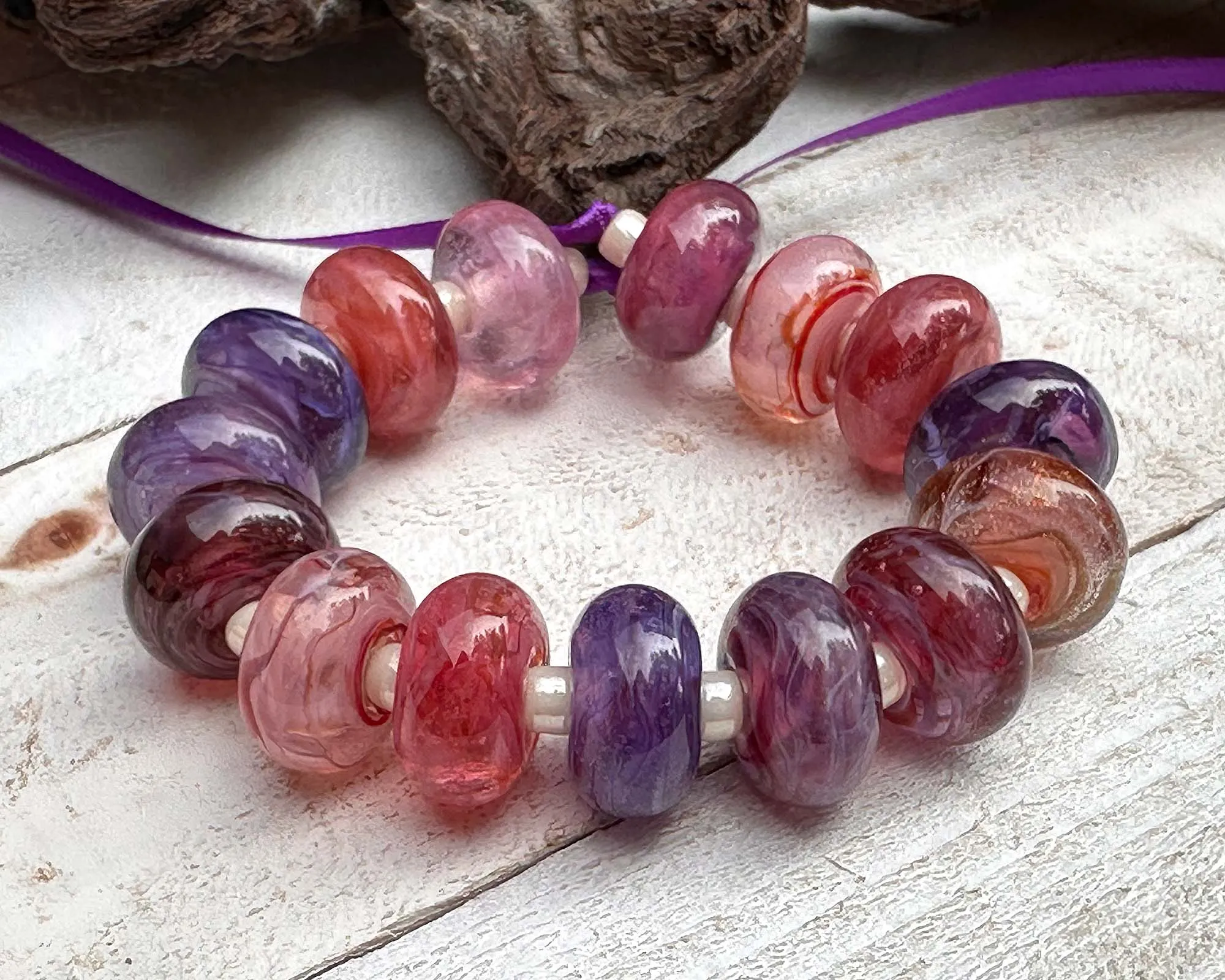 16 Pink &  Purple Swirls Lampwork Beads Set SRA