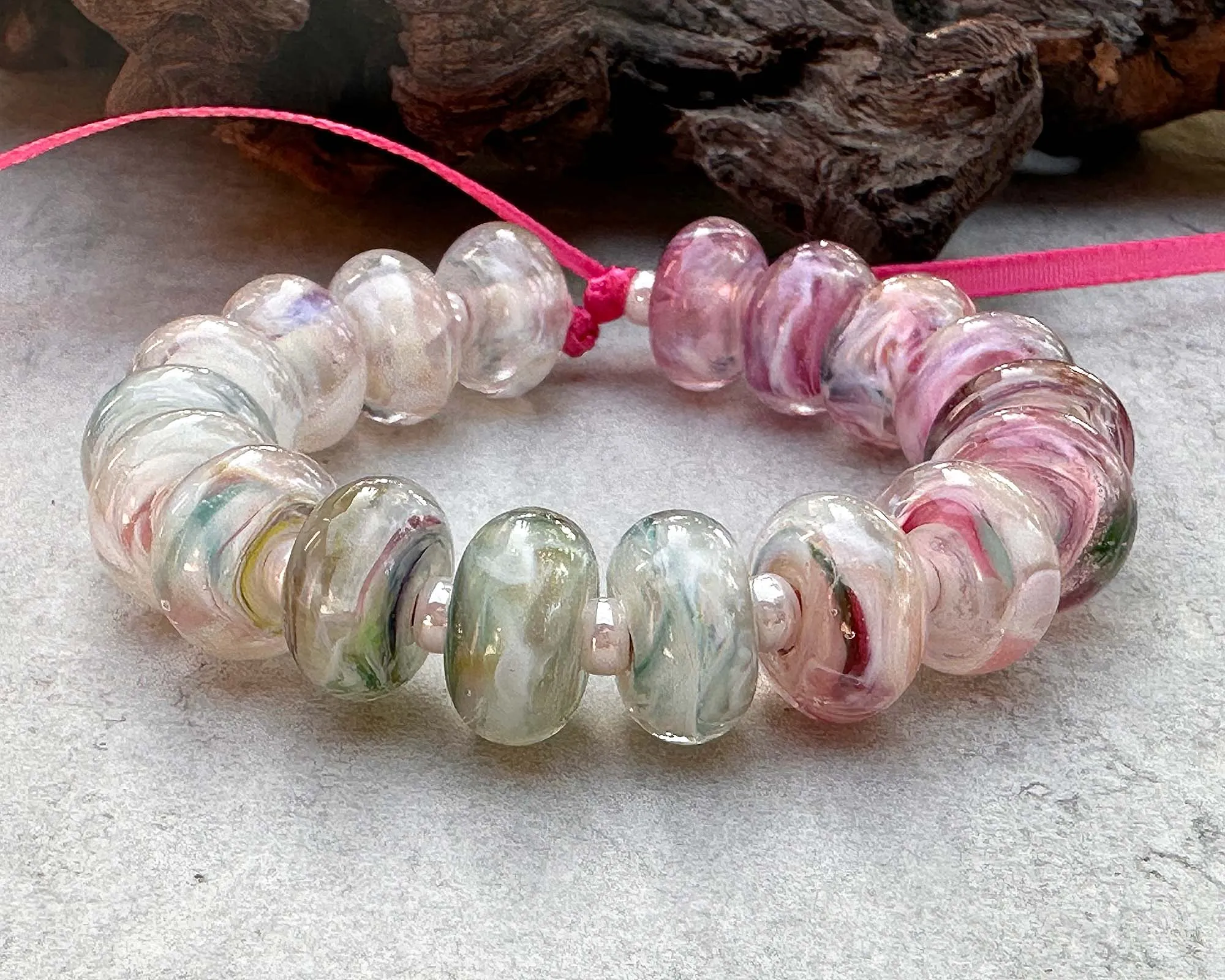 18 Dreamy Pink & Cream Lampwork Beads Set SRA