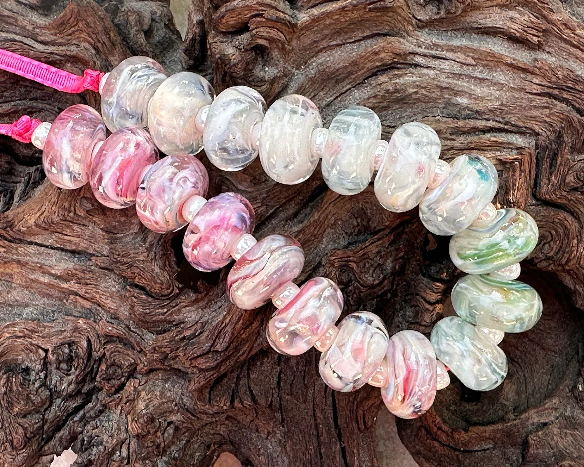 18 Dreamy Pink & Cream Lampwork Beads Set SRA