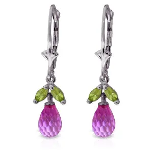 3.4 Carat 14K Solid White Gold Leverback Earrings Pink Topaz Peridot