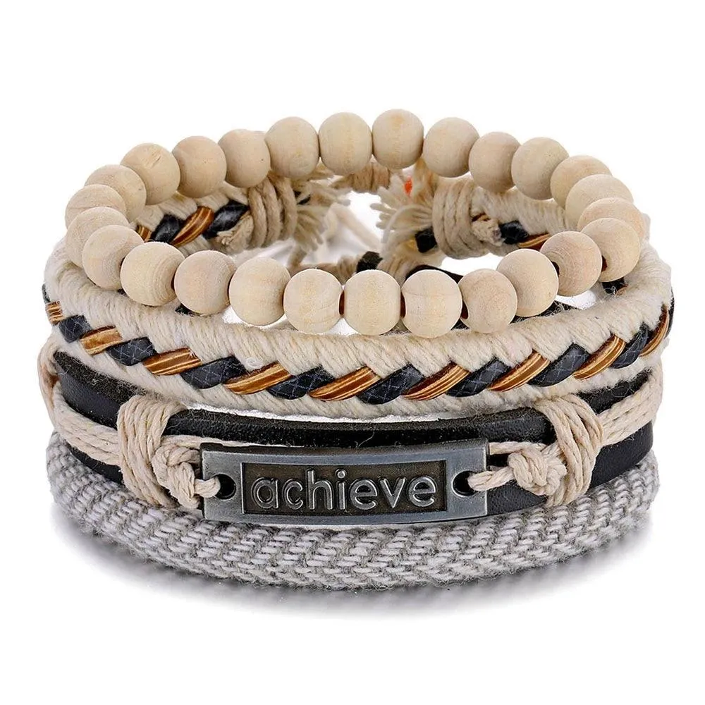 3/4Pcs Braided Wrap Leather Bracelets Sets/Rudder Charm Wood Beads Wristbands