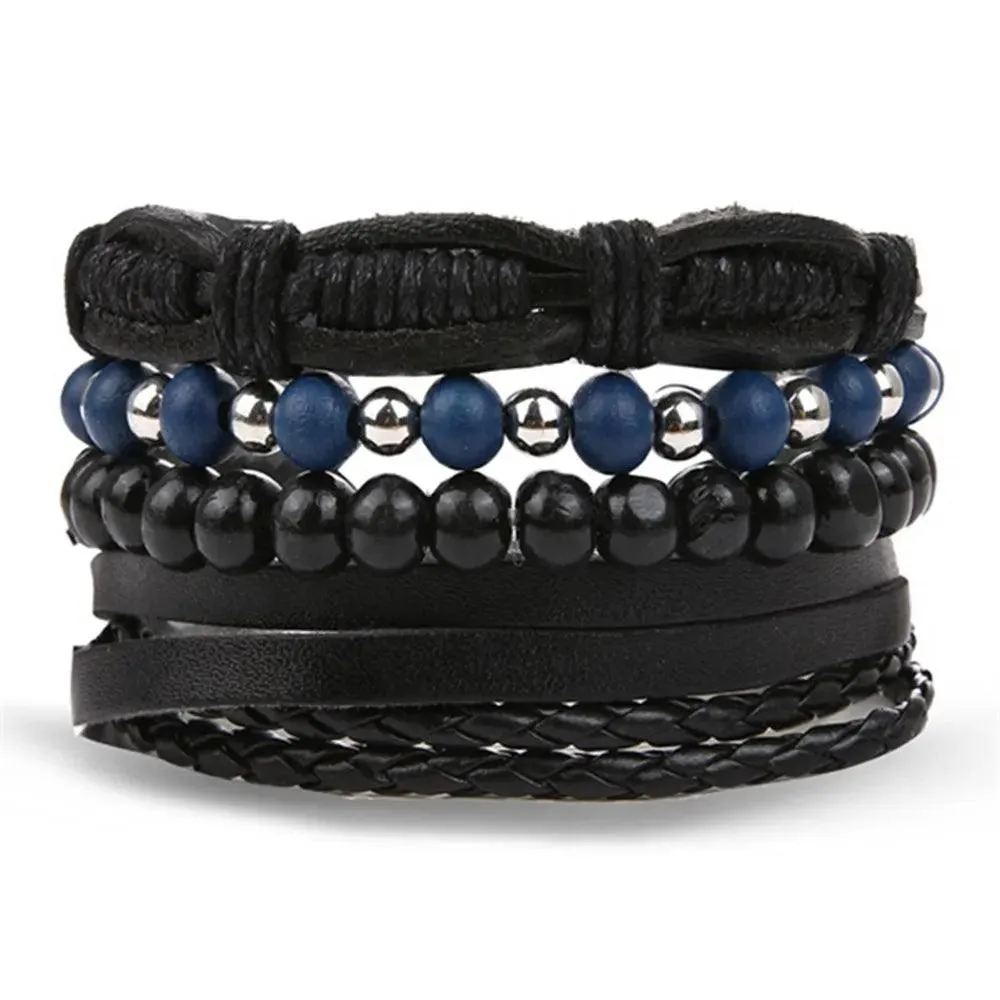 3/4Pcs Braided Wrap Leather Bracelets Sets/Rudder Charm Wood Beads Wristbands