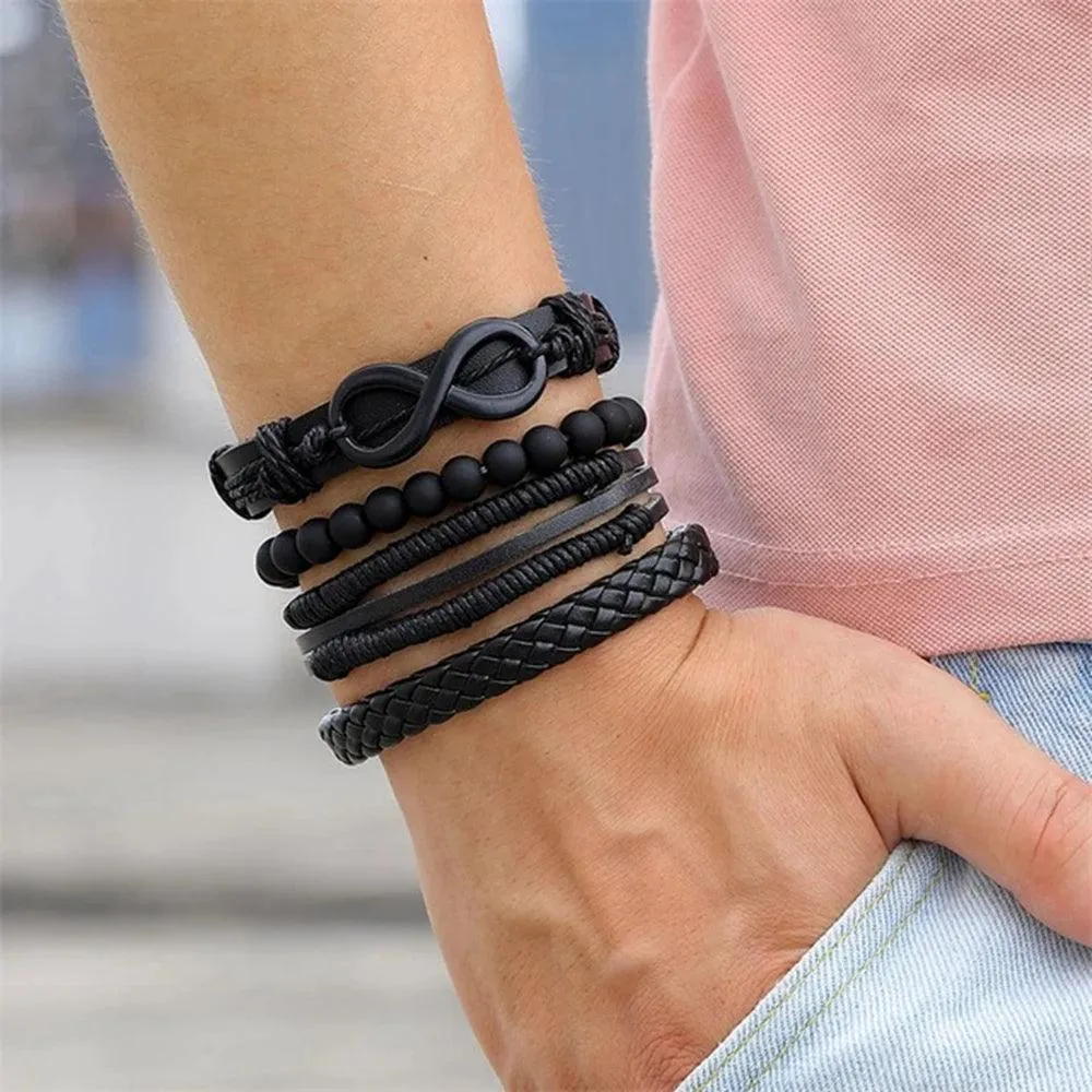 3/4Pcs Braided Wrap Leather Bracelets Sets/Rudder Charm Wood Beads Wristbands