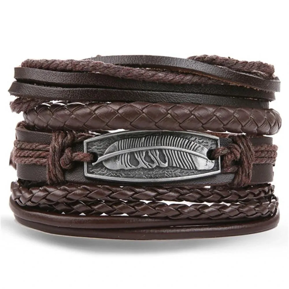 3/4Pcs Braided Wrap Leather Bracelets Sets/Rudder Charm Wood Beads Wristbands