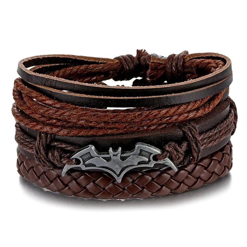 3/4Pcs Braided Wrap Leather Bracelets Sets/Rudder Charm Wood Beads Wristbands