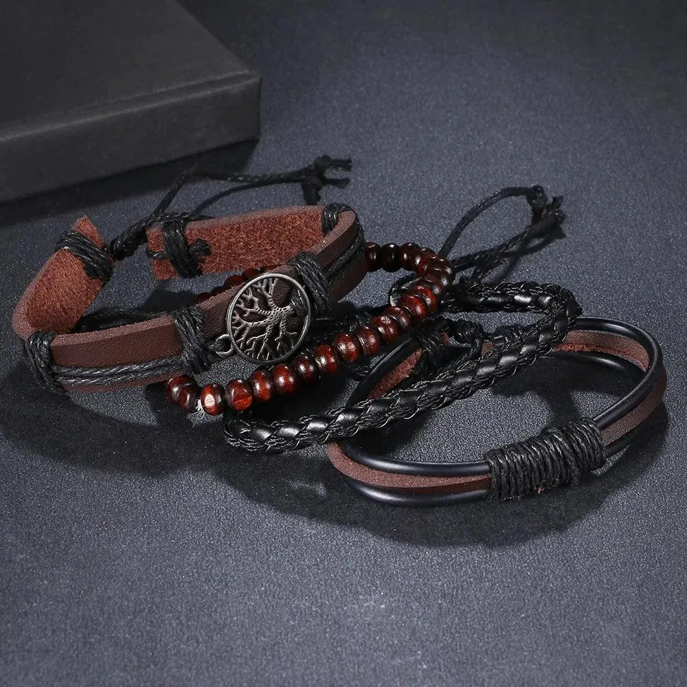 3/4Pcs Braided Wrap Leather Bracelets Sets/Rudder Charm Wood Beads Wristbands