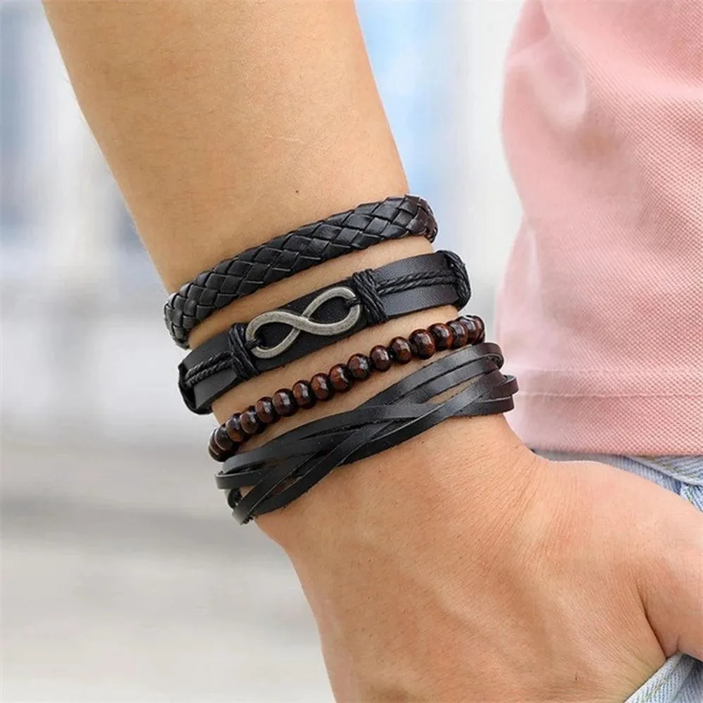 3/4Pcs Braided Wrap Leather Bracelets Sets/Rudder Charm Wood Beads Wristbands