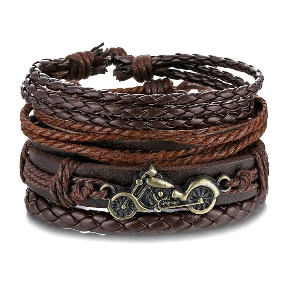 3/4Pcs Braided Wrap Leather Bracelets Sets/Rudder Charm Wood Beads Wristbands