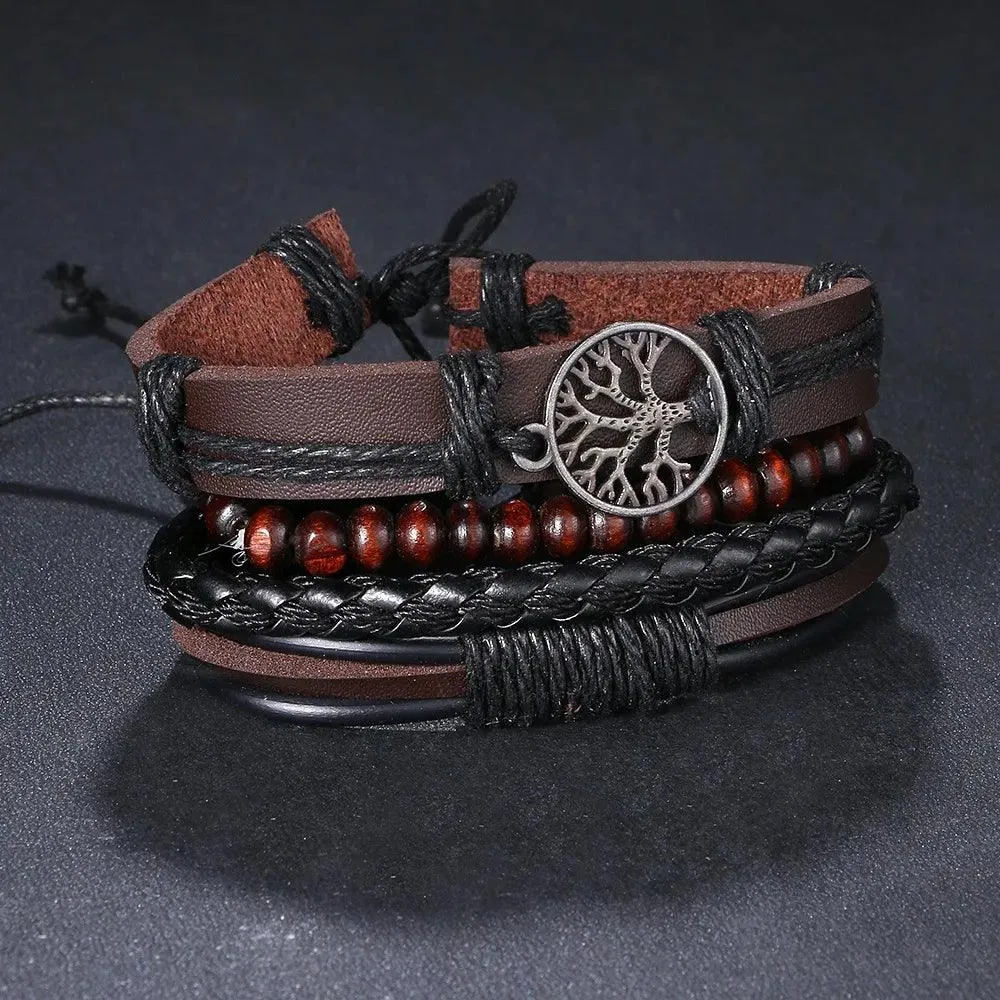 3/4Pcs Braided Wrap Leather Bracelets Sets/Rudder Charm Wood Beads Wristbands