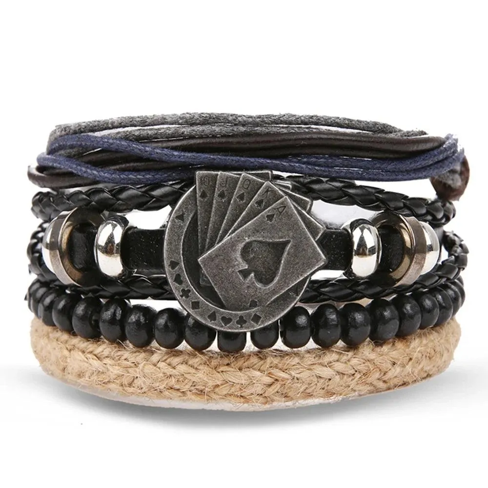 3/4Pcs Braided Wrap Leather Bracelets Sets/Rudder Charm Wood Beads Wristbands