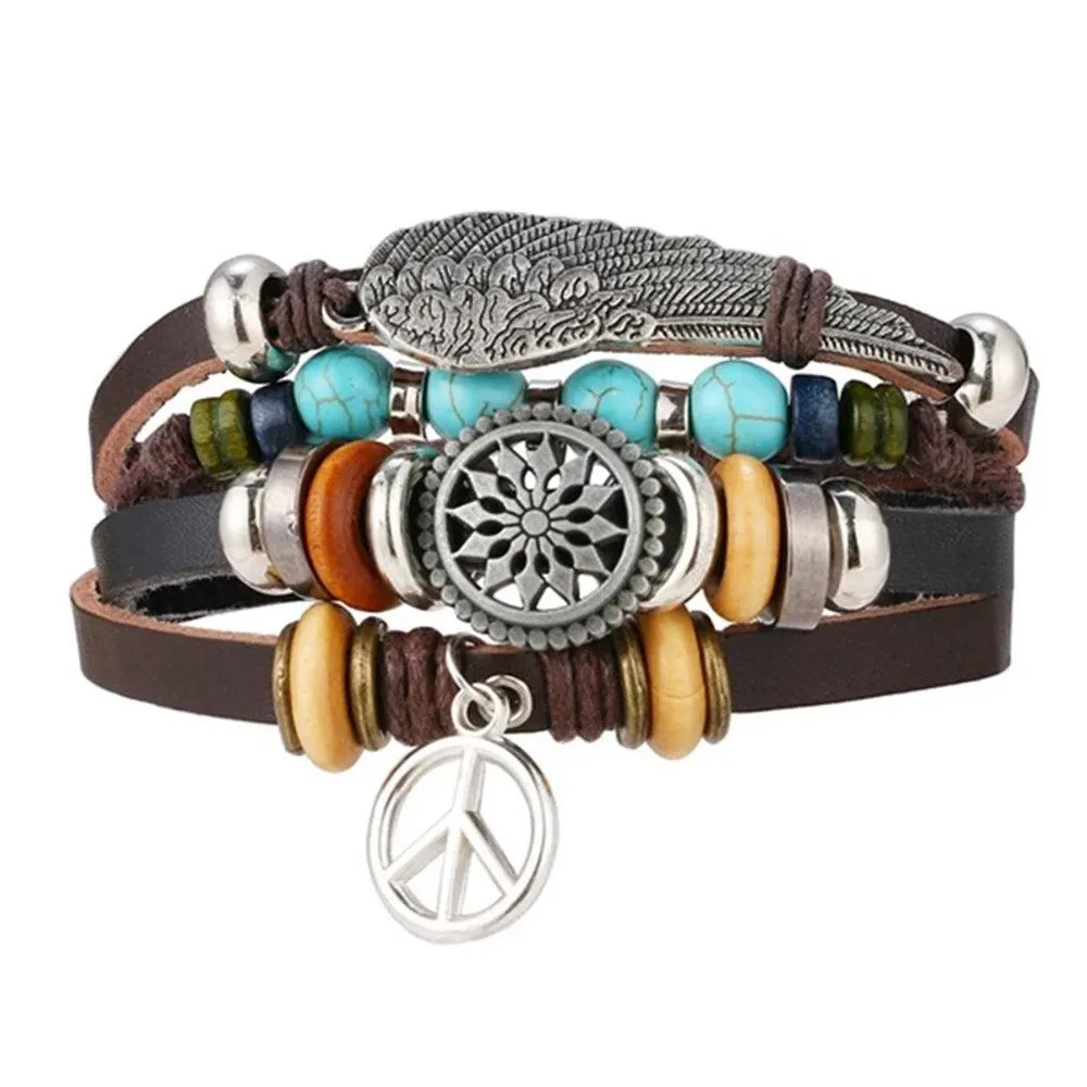3/4Pcs Braided Wrap Leather Bracelets Sets/Rudder Charm Wood Beads Wristbands