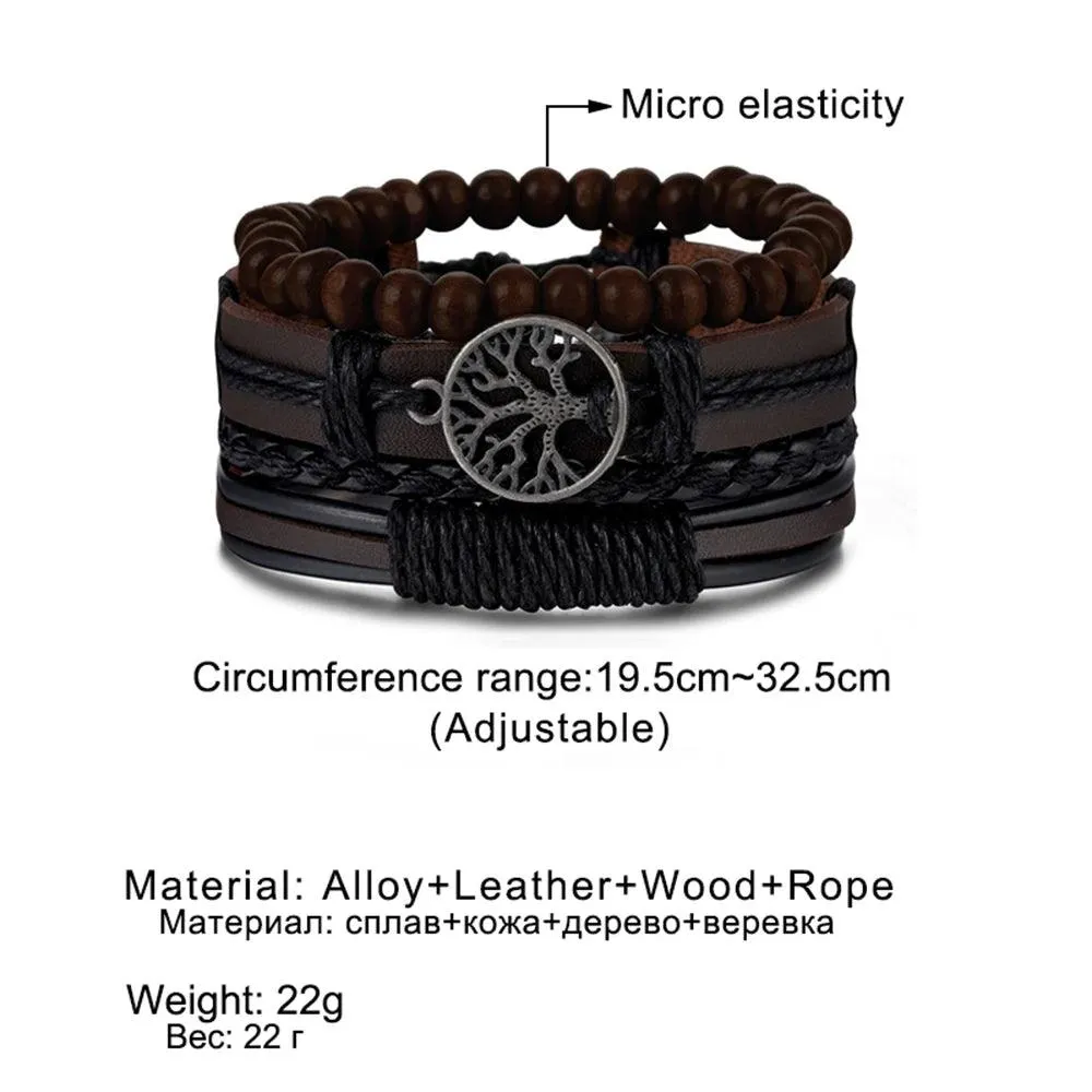 3/4Pcs Braided Wrap Leather Bracelets Sets/Rudder Charm Wood Beads Wristbands