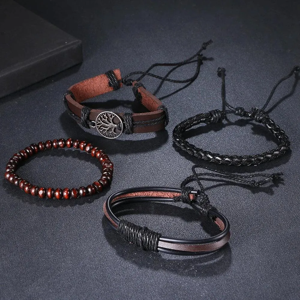 3/4Pcs Braided Wrap Leather Bracelets Sets/Rudder Charm Wood Beads Wristbands