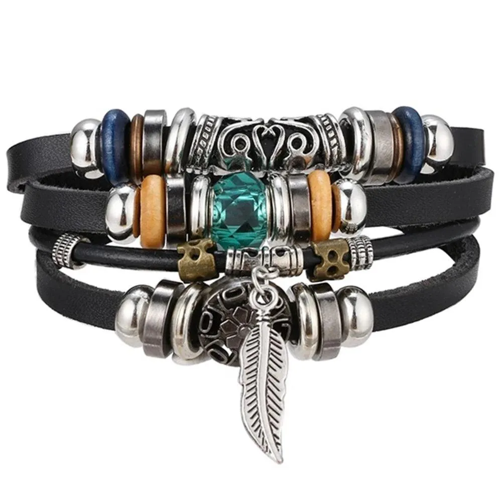 3/4Pcs Braided Wrap Leather Bracelets Sets/Rudder Charm Wood Beads Wristbands