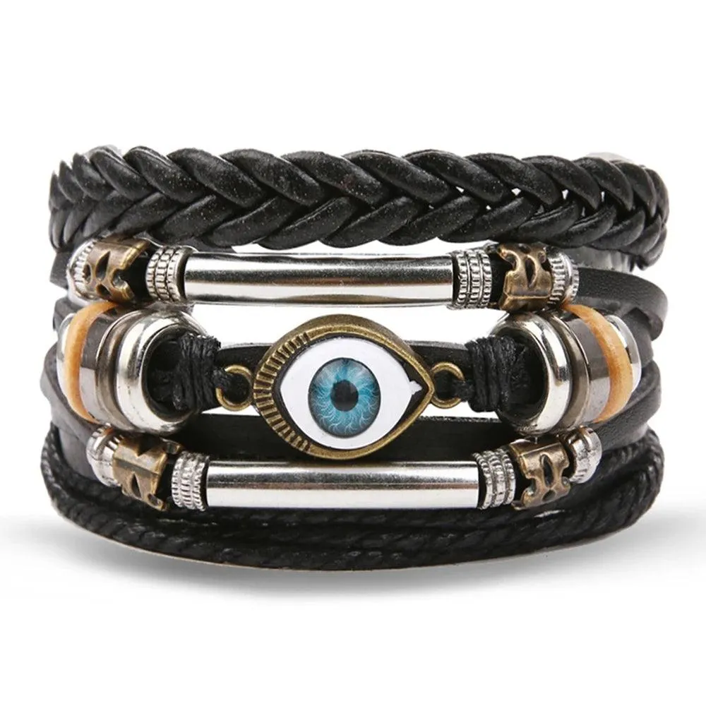 3/4Pcs Braided Wrap Leather Bracelets Sets/Rudder Charm Wood Beads Wristbands