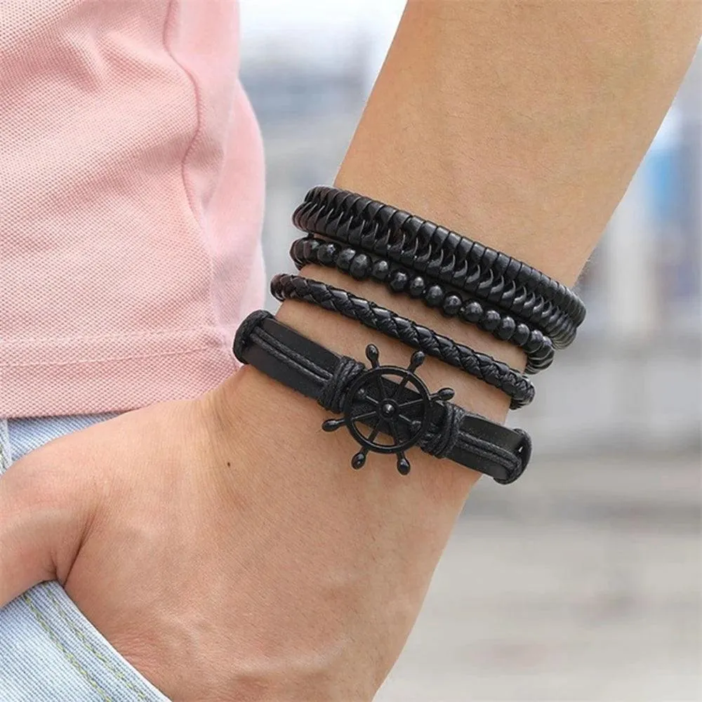 3/4Pcs Braided Wrap Leather Bracelets Sets/Rudder Charm Wood Beads Wristbands