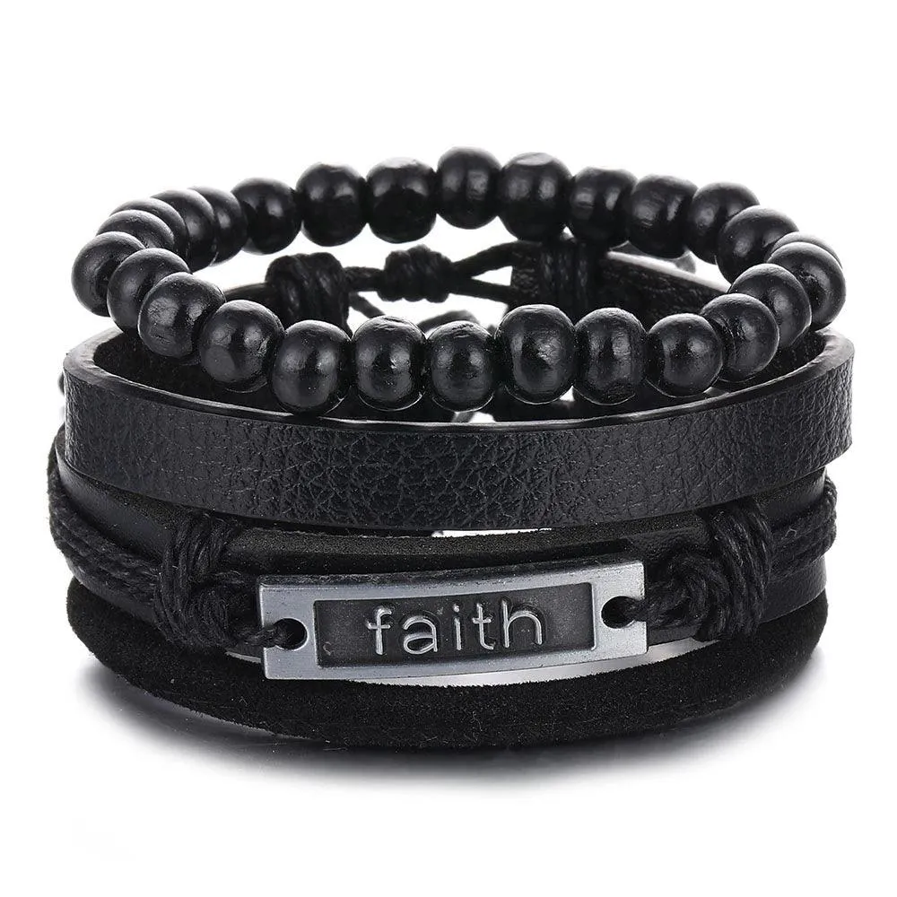 3/4Pcs Braided Wrap Leather Bracelets Sets/Rudder Charm Wood Beads Wristbands