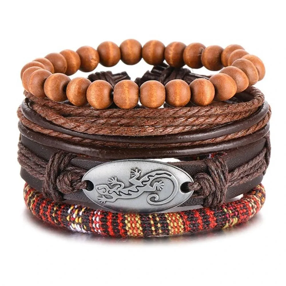 3/4Pcs Braided Wrap Leather Bracelets Sets/Rudder Charm Wood Beads Wristbands