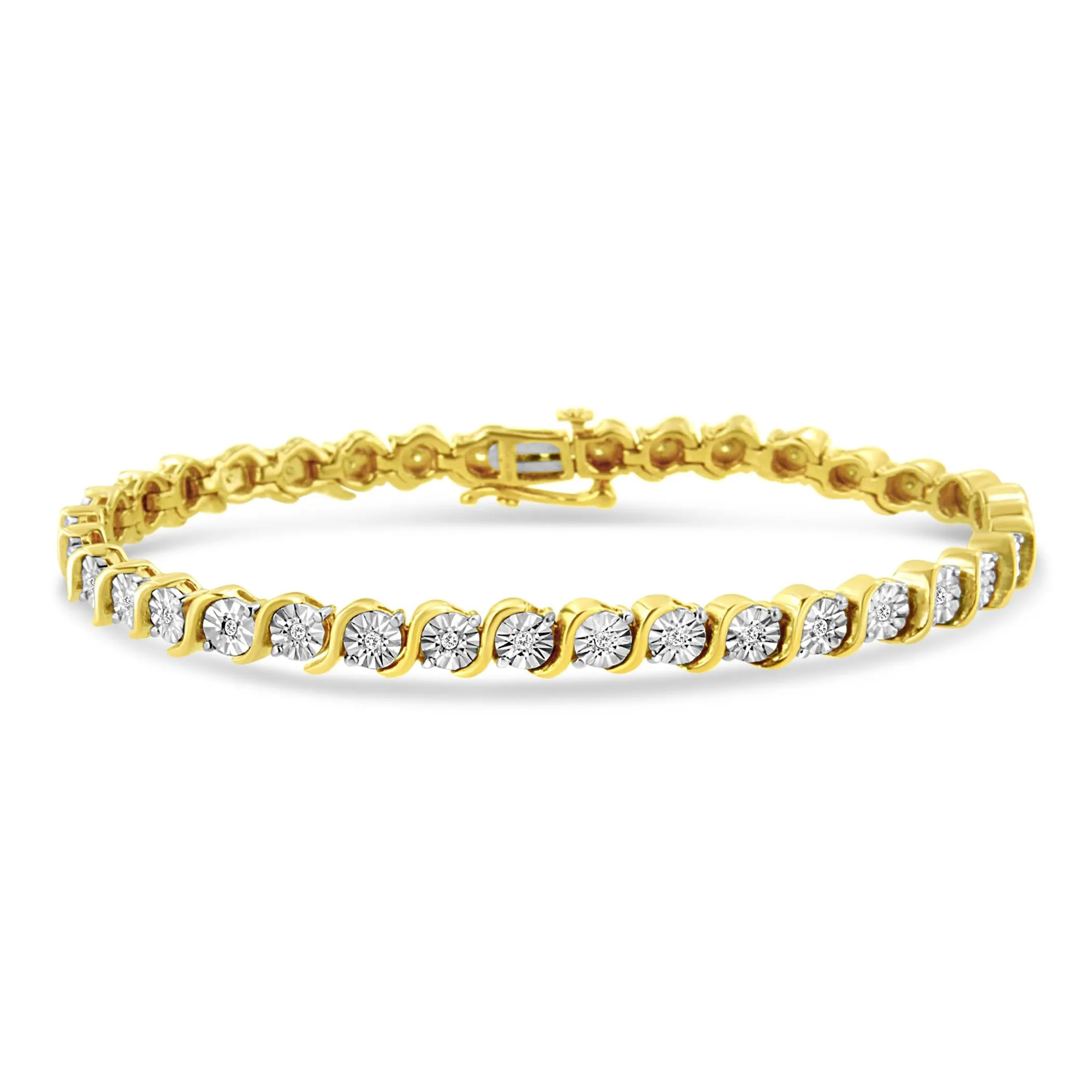 .925 Sterling Silver 1/4 Cttw Diamond Round Miracle Plate and "S" Link Tennis Bracelet (I-J Color, I2- I3 Clarity) - 7"