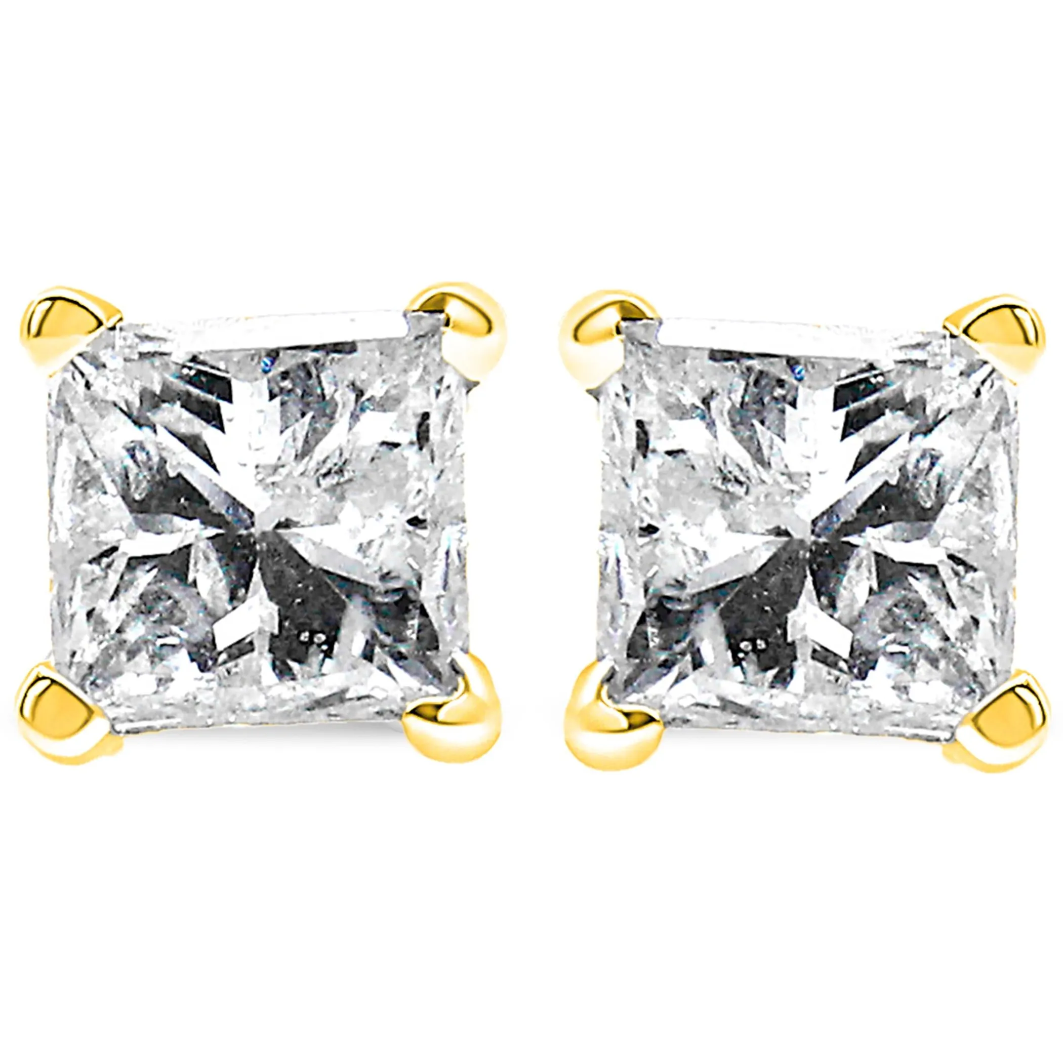 AGS Certified Princess-Cut Square Diamond 4-Prong Solitaire Stud Earrings in 14K Yellow Gold (L-M Color, SI1-SI2 Clarity)