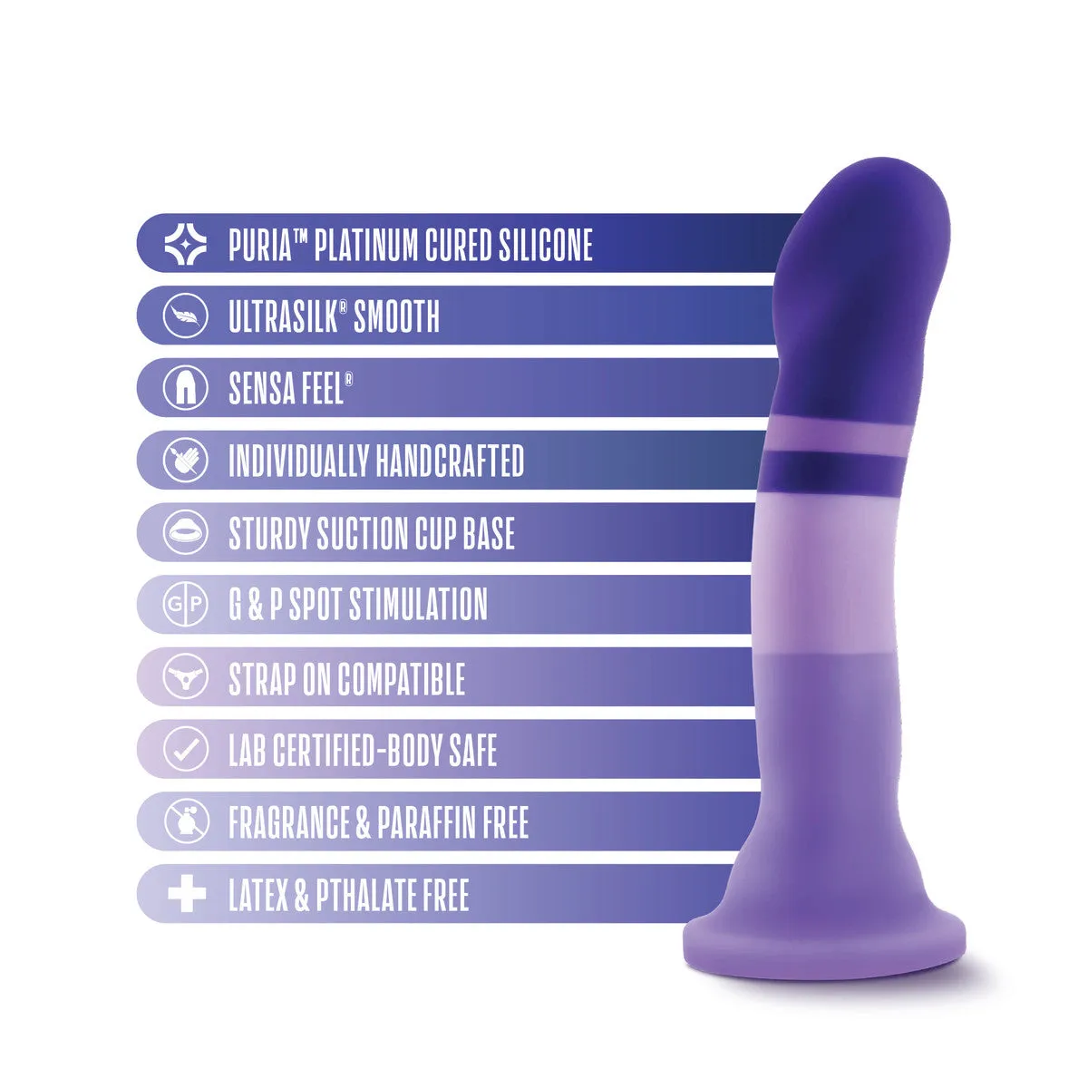 Avant By Blush® | Purple Rain D2: Artisan 7 Inch Curved G-Spot Dildo with Suction Cup Base - Elegantly Made with Smooth Ultrasilk® Purio™ Silicone