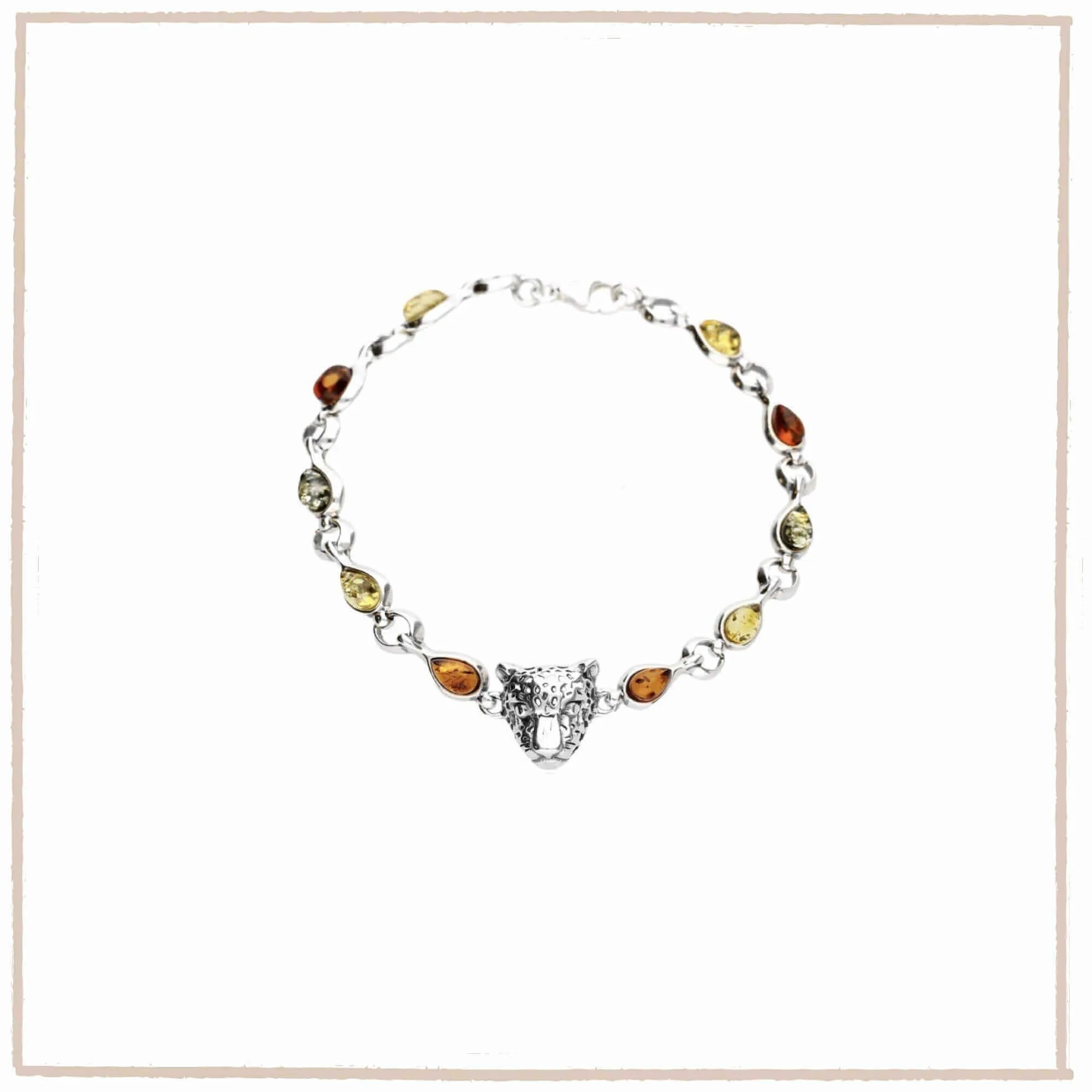 Baltic Amber Sterling Silver Leopard Charm Bracelet