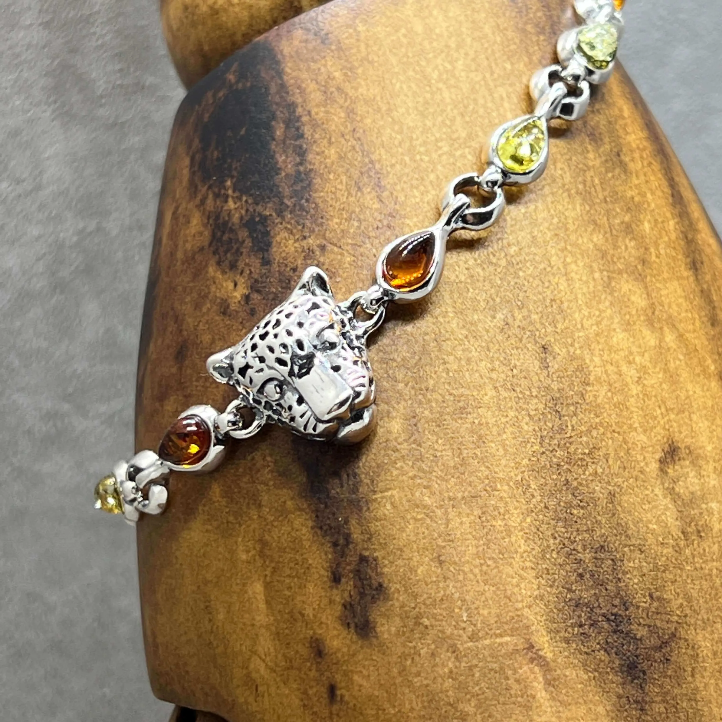Baltic Amber Sterling Silver Leopard Charm Bracelet