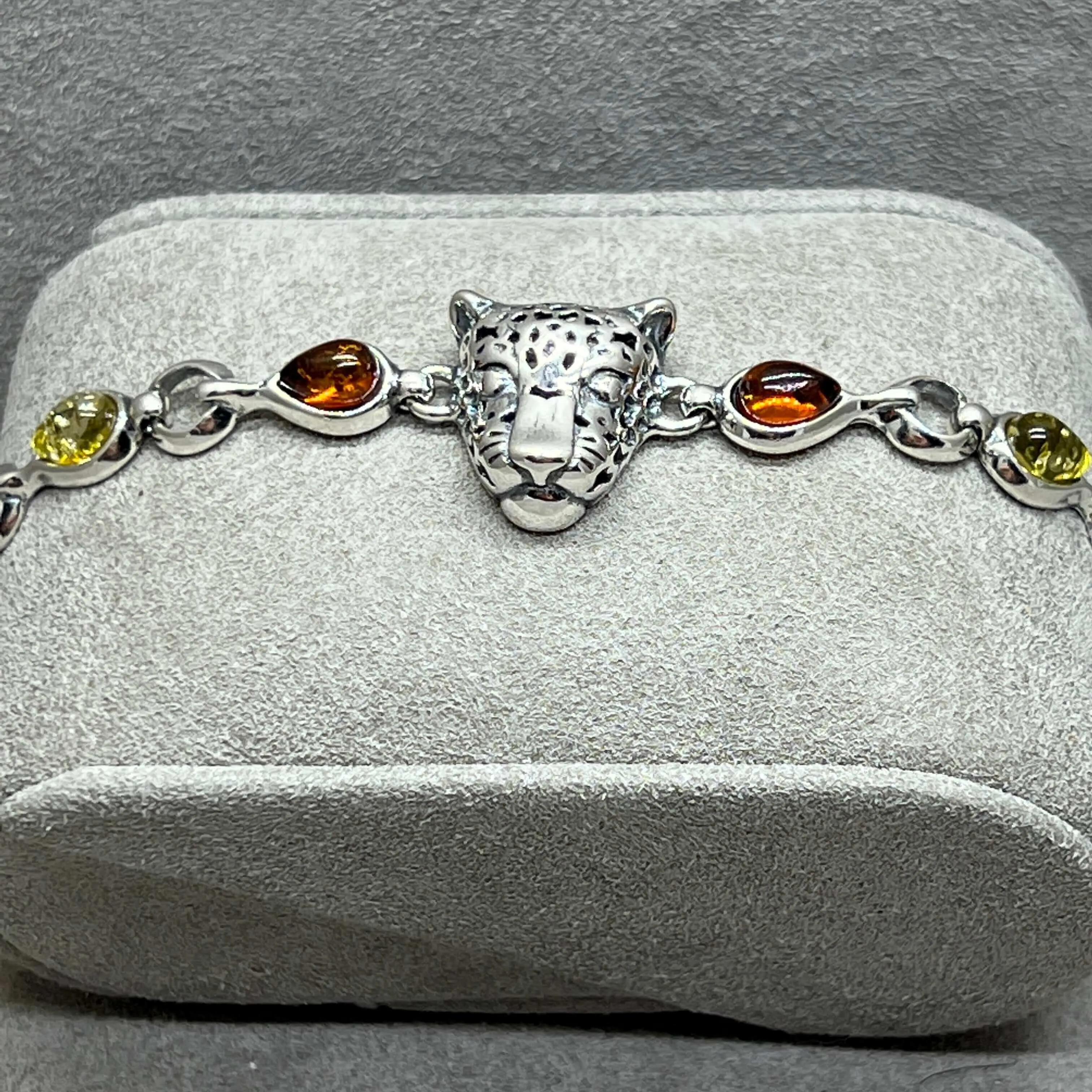 Baltic Amber Sterling Silver Leopard Charm Bracelet