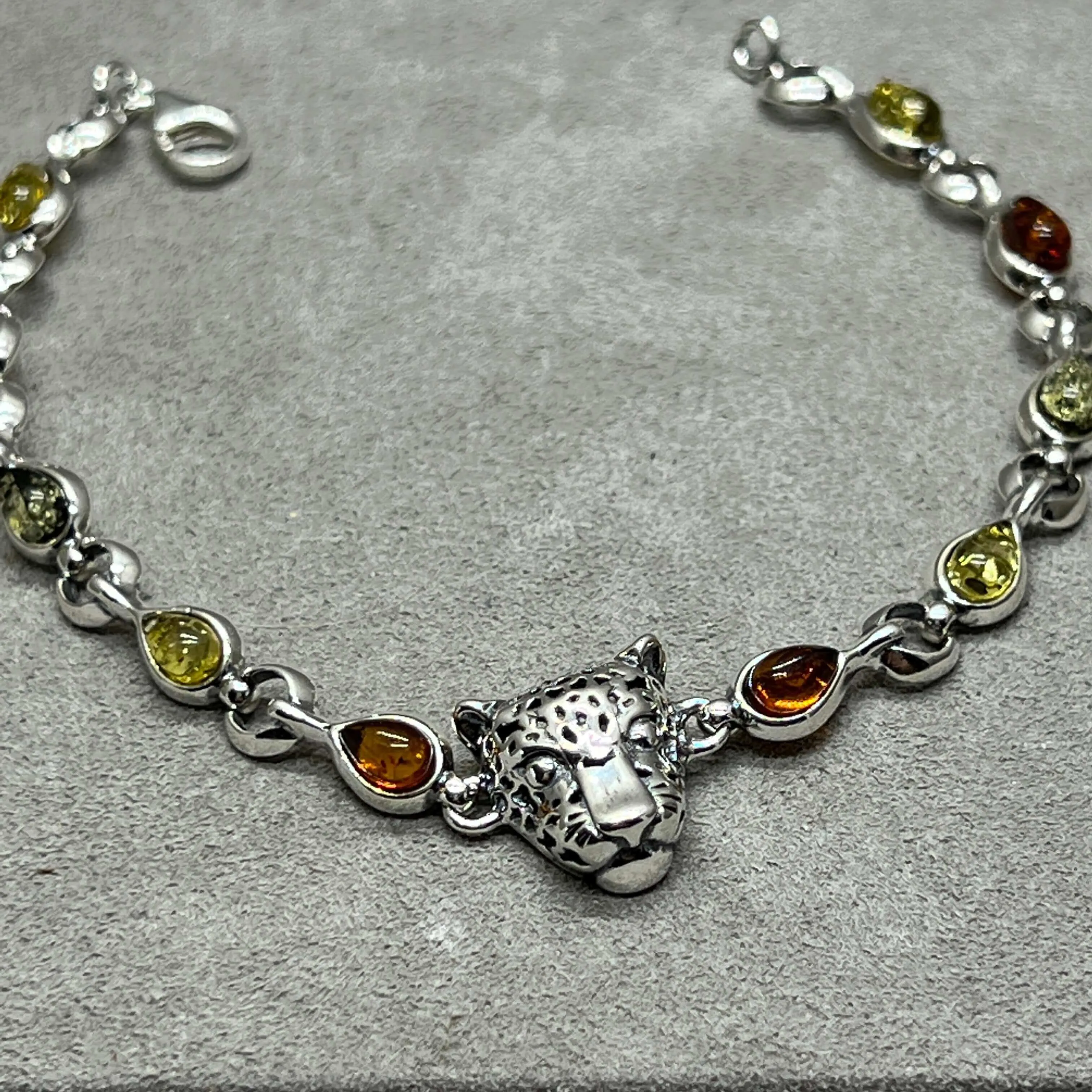 Baltic Amber Sterling Silver Leopard Charm Bracelet