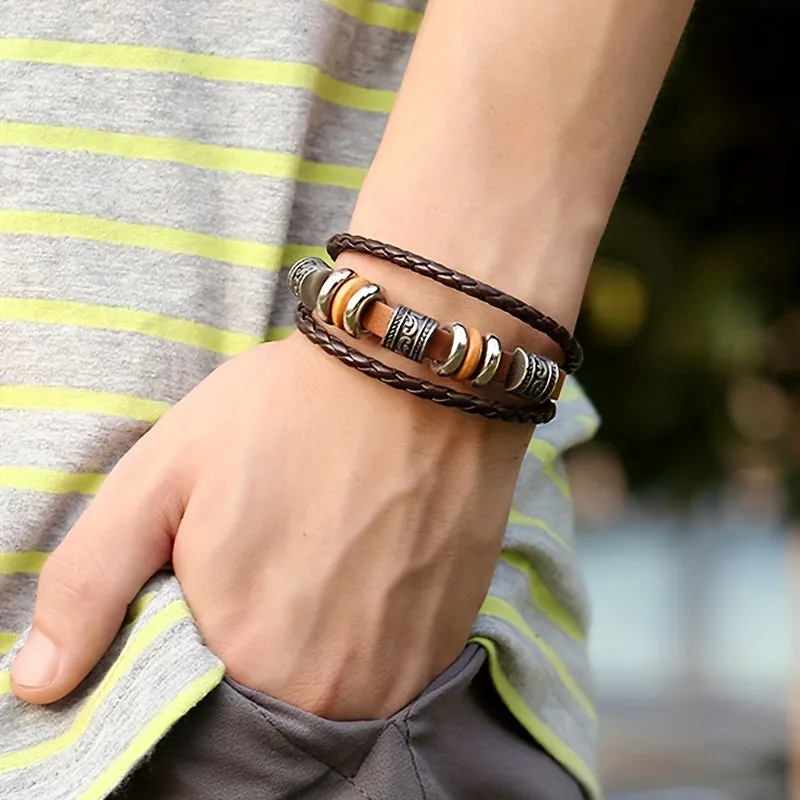 Beaded Multi-layer American Punk Leather Men's Bracelet