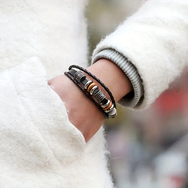 Beaded Multi-layer American Punk Leather Men's Bracelet