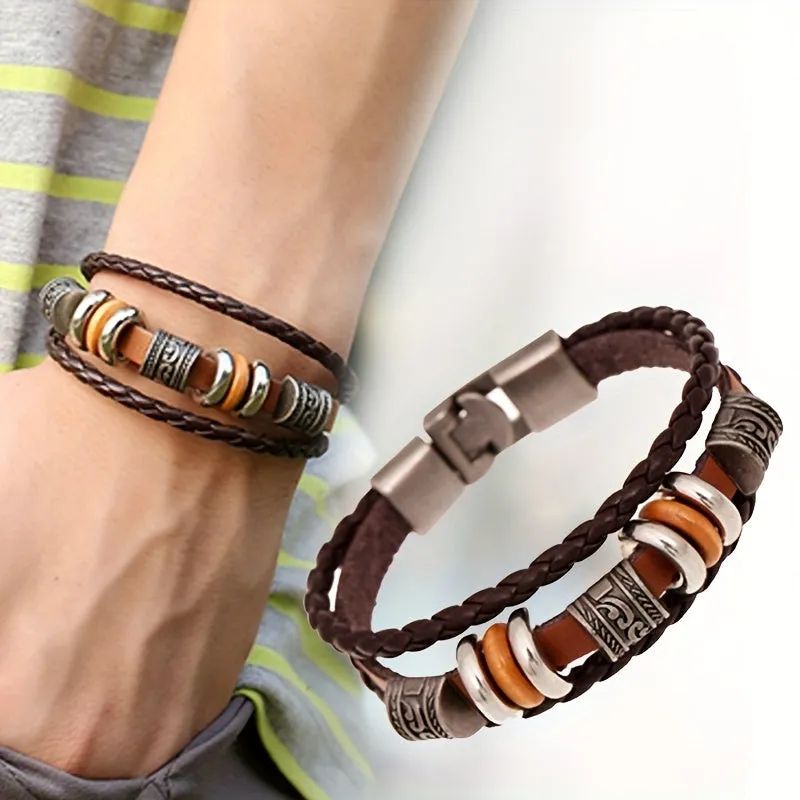 Beaded Multi-layer American Punk Leather Men's Bracelet