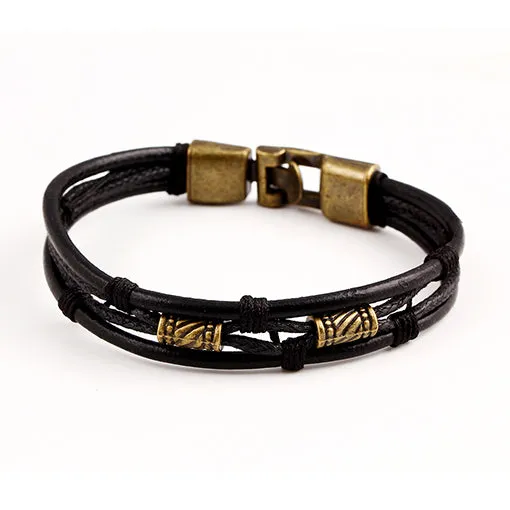 Black Brown Gold Color Fashion Latin Rope Chain Leather Bracelet And Hide Metal Buckle Decoration Retro Bracelets Man Men Gift